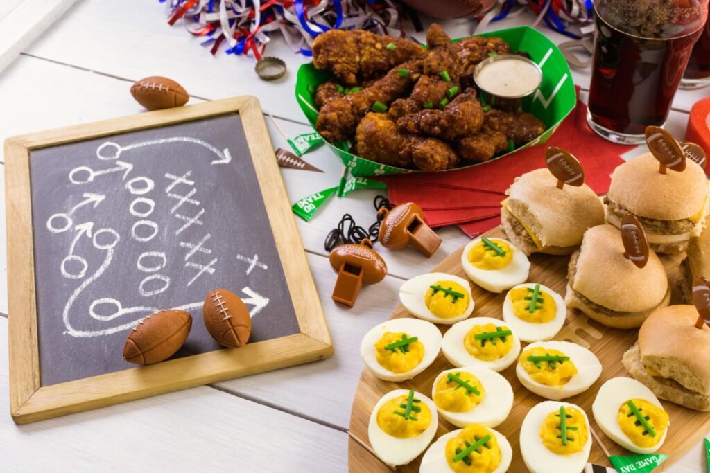 Football game day food spread with wings, sliders, deviled eggs, and a chalkboard football play diagram